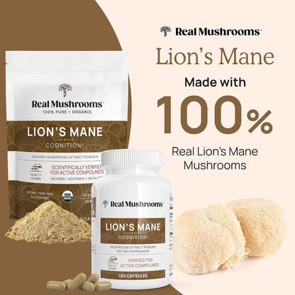 Real Mushrooms Brain, Vitality & Immune Support Bundle - Lion’s Mane Cognition Capsules (120 Capsules) + Reishi 415 Longevity Capsules (90 Capsules) & Cordyceps-M Peak Performance (120 Capsules)