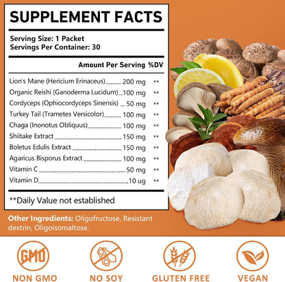 OMOGS Organic Mushroom Complex Extract Powder Blend Lion's Mane, Reishi, Chaga, Cordyceps, Turkey Tail, Support Cognition, Clarity, Focus & Mood, Brain Health, 30 Servings