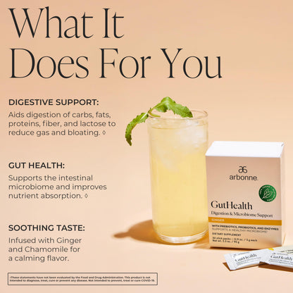 Arbonne Gut Health Digestion Support - Microbiome Prebiotic and Probiotic Drink Mix, Probiotic Powder and Prebiotic Powder