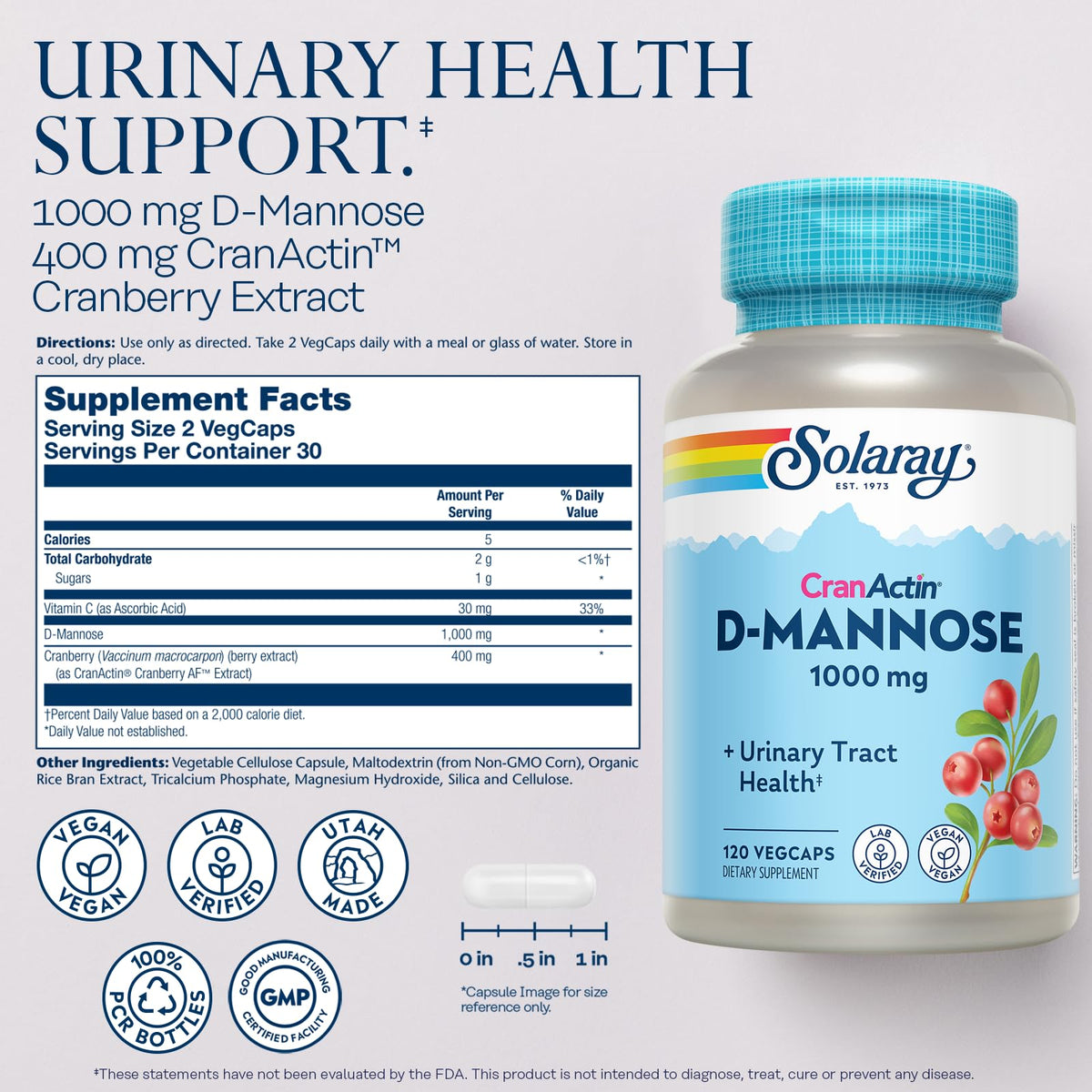 Solaray D-Mannose 1000mg with CranActin Cranberry Supplement 400mg, Urinary Tract Health & Bladder Support Capsules with Vitamin C, Vegan, 60 Day Guarantee, 75 Servings, 150 VegCaps