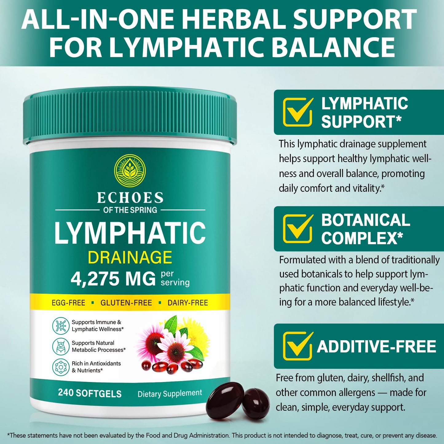 Lymphatic Drainage Supplements, 4275mg Lymph System Support Supplement for Women & Men, Daily Wellness Support, 21-in-1 Herbal Blend with Echinacea, Dandelion, Burdock, Turmeric & More, 240 Softgels Echoes of the spring buy supplements Au