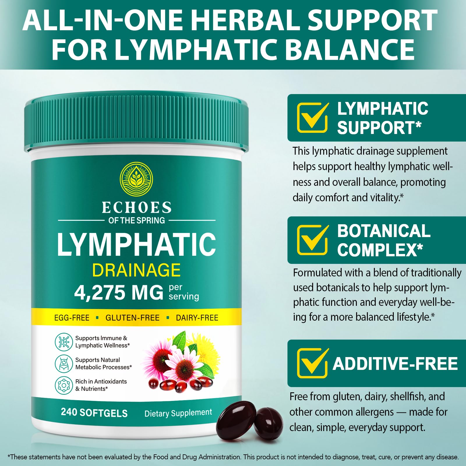 Lymphatic Drainage Supplements, 4275mg Lymph System Support Supplement for Women & Men, Daily Wellness Support, 21-in-1 Herbal Blend with Echinacea, Dandelion, Burdock, Turmeric & More, 240 Softgels Echoes of the spring buy supplements Au