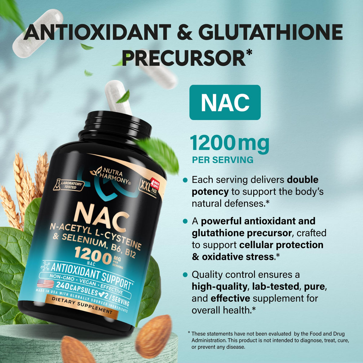 NAC Supplement | Selenium | B6 | B12 - Antioxidant, Immune Support - N Acetyl Cysteine 600 mg per Capsule, 1200 mg per Serving - Lab Tested - Non-GMO, Gluten-Free, Vegan - 120 caps, 2 Month Supply
