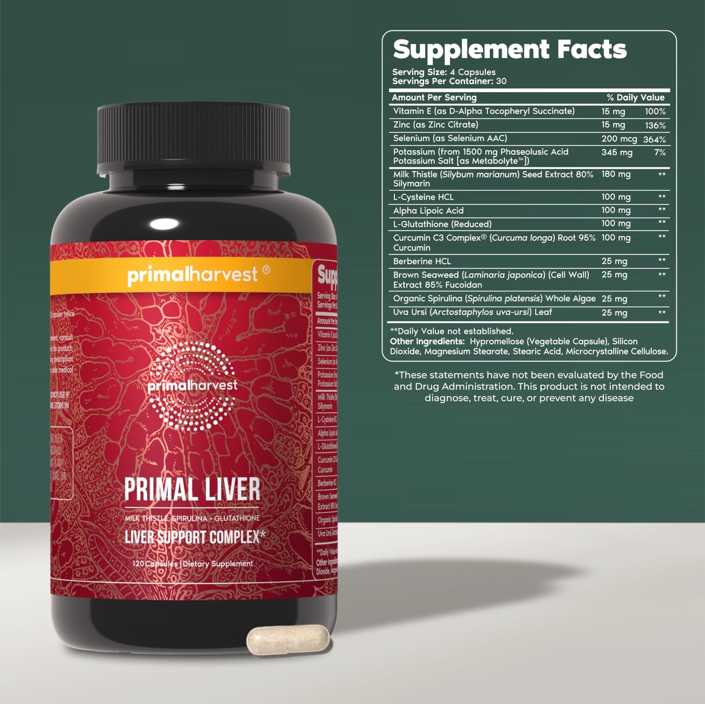 Primal Harvest Primal Liver Liver Supplement with, Alpha-Lipoic Acid, L-Cysteine HCL, L-Glutathione, Milk Thistle, and Spirulina