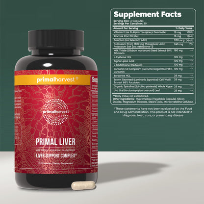 Primal Harvest Primal Liver Liver Supplement with, Alpha-Lipoic Acid, L-Cysteine HCL, L-Glutathione, Milk Thistle, and Spirulina