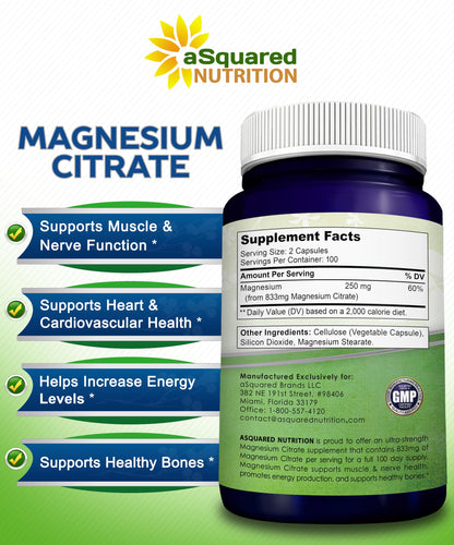 aSquared Nutrition Magnesium Citrate 833mg Supplement - 200 Capsules - Max Strength Vegan Mag Citrate Powder Pills to Support Pure Function of Muscles,