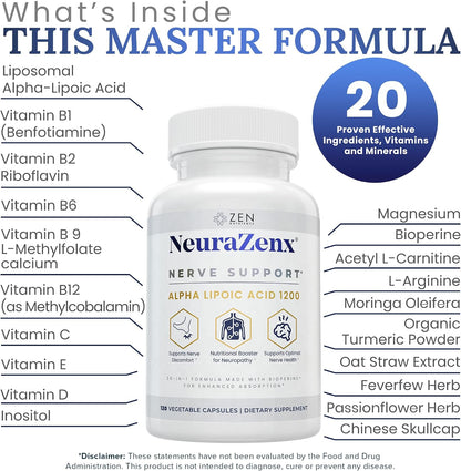 Zen Nutrients 1200mg Alpha Lipoic Acid R Matrix + Benfotiamine + B Complex Nerve Support - NeuraZenX Neuropathy Support Supplement with L-Carnitine and Turmeric (120 Capsules)