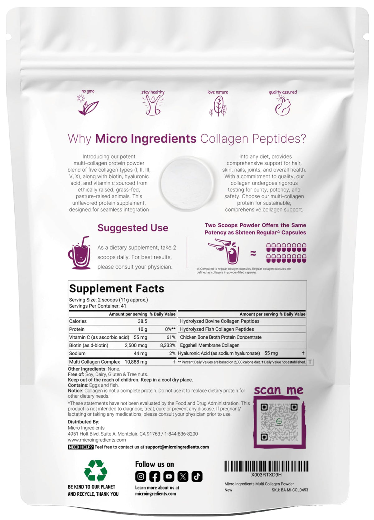 Suplement ​Micro Ingredients Multi Collagen Peptides Powder, 1lb – Hydrolyzed Type I,II,III,V,X with Biotin, Hyaluronic Acid, Vitamin C – Unflavored Collagen - VelvetGlow USA