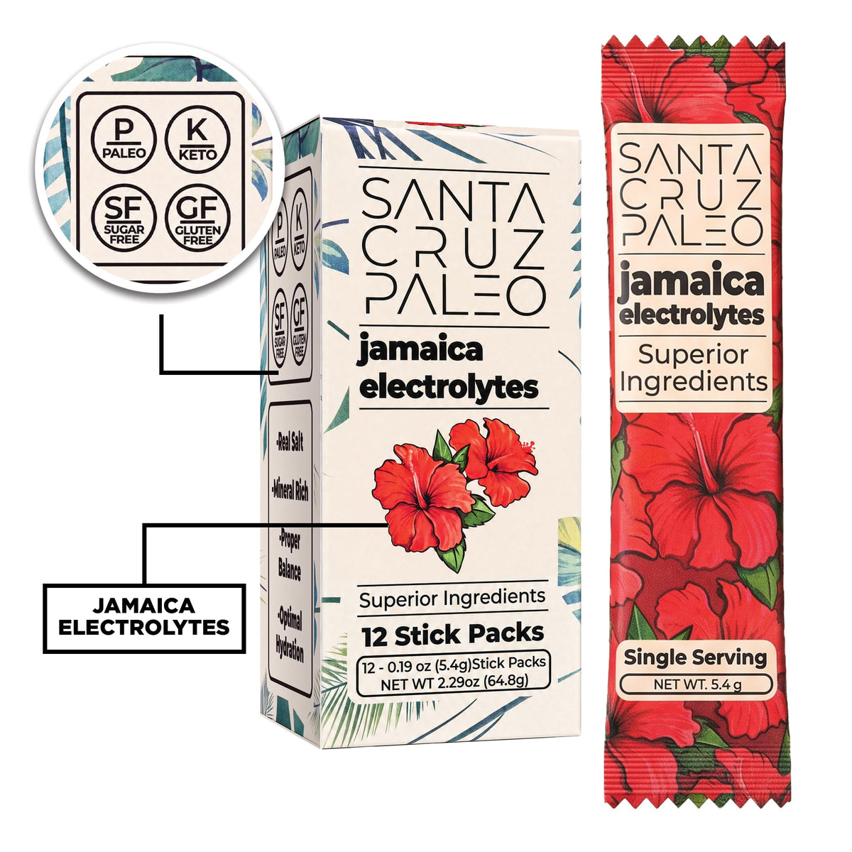 Santa Cruz Paleo Electrolyte Powder Sticks, Acai, Magnesium, Potassium, 12 Servings