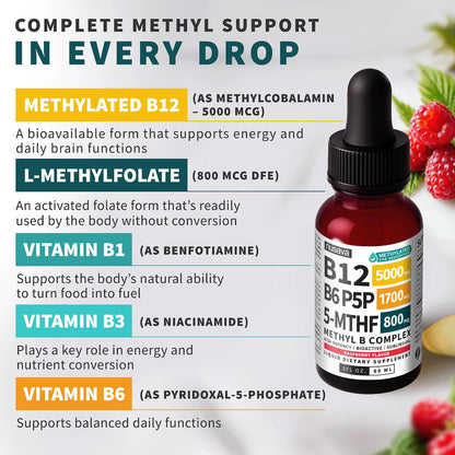 NUSAVA (2-Pack) Methylated B Complex Liquid Drops Raspberry and (2-Pack) Liquid Vitamin B12 Drops - High Potency Methylfolate and Sublingual B12 for Daily Energy and Balance Support