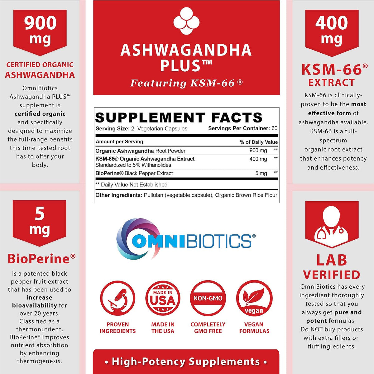OmniBiotics Organic Ashwagandha Supplement – 1300mg Total Strength – 900mg Organic Root Powder & 400mg KSM-66 Extract – Stress Relief, Mood & Sleep Support – Non-GMO – 120 Vegan Capsules