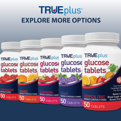 TRUEplus Glucose Tablets, Chewable, Raspberry Flavor, 15g Fast-Acting Carbohydrates, Fat Free, Gluten Free, Boost Energy, 50 Count, 3 Bottles
