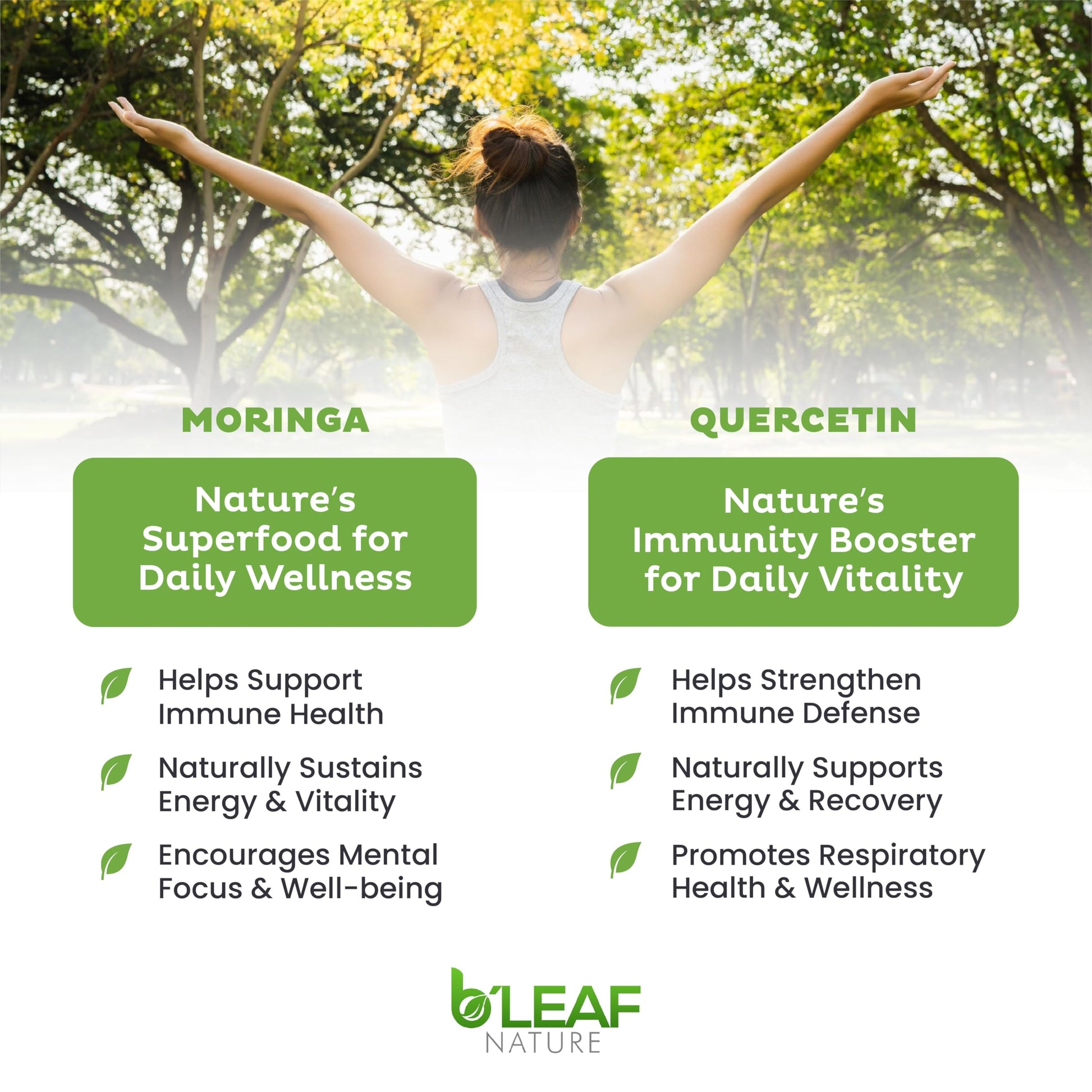 B'LEAF NATURE Moringa and Quercetin Bundle - Non-GMO, Vegan, High Absorption Capsules - 1000mg Quercetin Phytosome Blend + 1000mg Moringa - Natural Energy, Wellness and Immune Support Supplements B'LEAF NATURE buy supplements Au