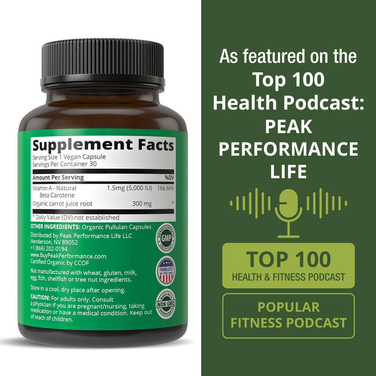 Certified Organic Vitamin A 5000 IU Supplement Capsules - High Potency Vitamins - for Adults, Men, Women, Kids - Made with Carrot Juice - Great for Immune, Skin, Eye Support - Non GMO, Vegan Pills