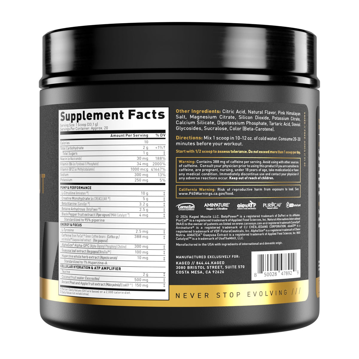 Kaged Pre Workout Elite Powder | Strawberry Lemonade | Pre-Workout with Creatine, Beta Alanine, L-Citrulline, Natural Caffeine | 20 Servings