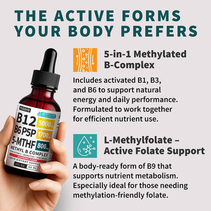 NUSAVA (2-Pack) Methylated B Complex Liquid Drops Raspberry and Liquid Vitamin B12 Drops Raspberry Flavor - Active Methylfolate and B12 Vitamin Sublingual Support for Targeted Daily Wellness