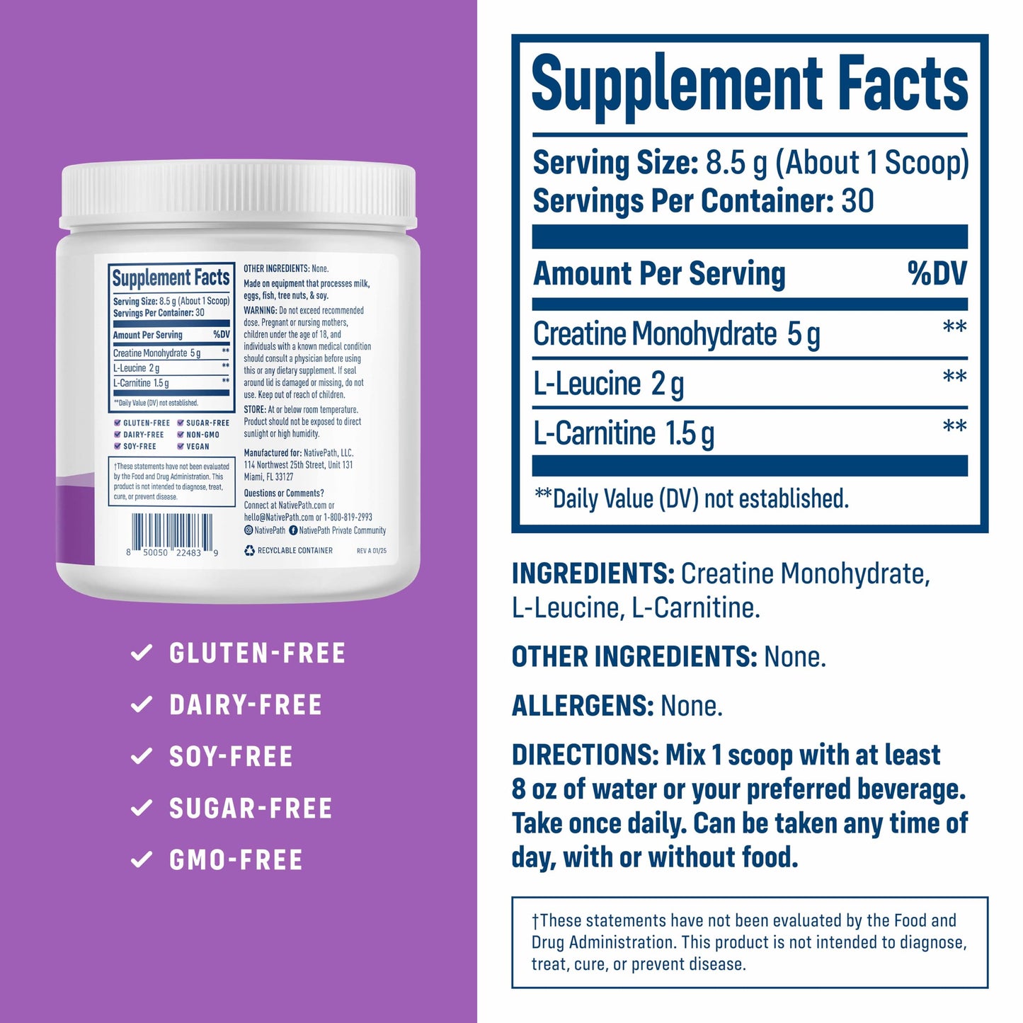 NativePath Creatine Monohydrate Powder with L-Leucine & L-Carnitine - Muscle Building Supplement for Men & Women - 30 Servings (Pack of 2)