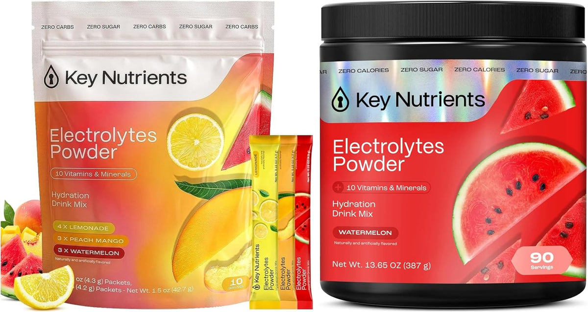 KEY NUTRIENTS Electrolytes Powder Bundle, Watermelon 90 Servings + Electrolyte Powder Packets Variety Pack 10 Count, Sugar Free Hydration Drink Mix with Vitamins & Minerals, No Calories