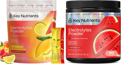 KEY NUTRIENTS Electrolytes Powder Bundle, Watermelon 90 Servings + Electrolyte Powder Packets Variety Pack 10 Count, Sugar Free Hydration Drink Mix with Vitamins & Minerals, No Calories
