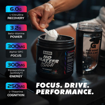 Gains in Bulk Instantized Creatine & No Matter What Pre Workout Powder Bundle, Soluble Creatine Powder, Paraxanthine, Amino Acids & L Theanine, 60 Servings