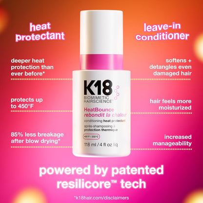 K18 HeatBounce Conditioning Heat Protectant Spray, Lightweight Leave-In Conditioner + 450℉ (232°C) Inside-Out Heat Protection, Soften, Smooth + Detangle All Hair Types