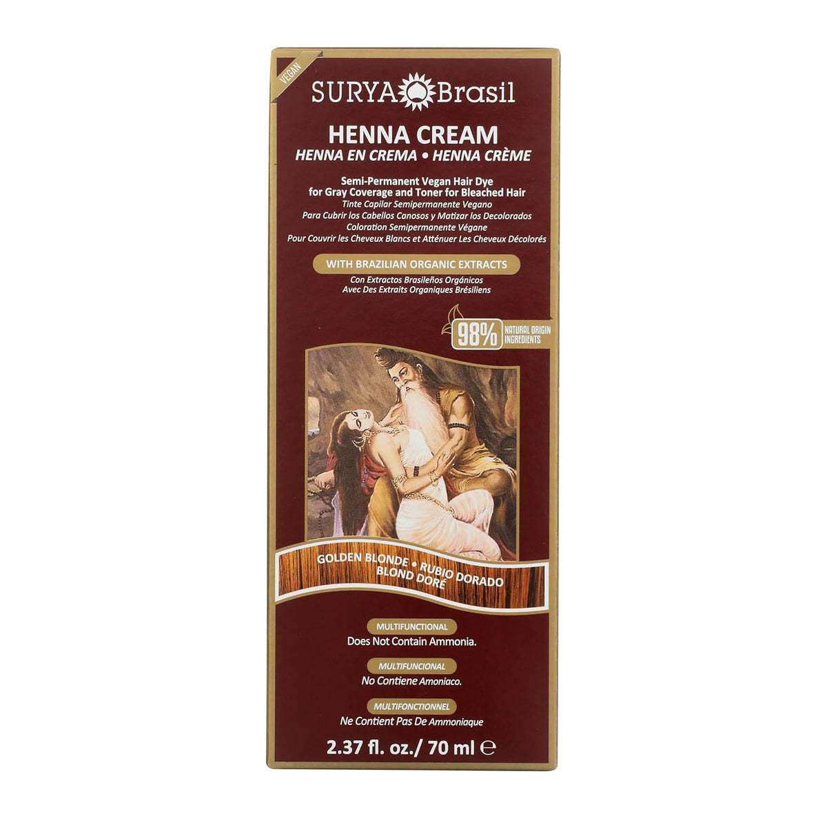 Surya Brasil Henna Cream Golden Blonde - 98% Natural Ingredients, Vegan, Cruelty-Free, Eco-Friendly, Semi-Permanent Hair Color, Deep Hydration & Shine, 2.37 oz