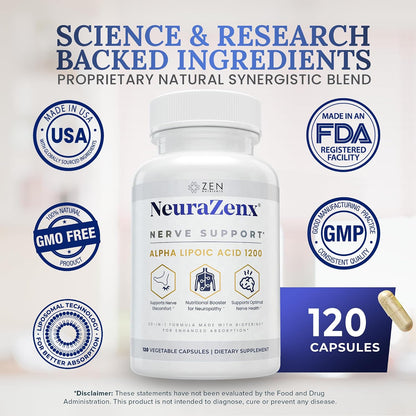 Zen Nutrients 1200mg Alpha Lipoic Acid R Matrix + Benfotiamine + B Complex Nerve Support - NeuraZenX Neuropathy Support Supplement with L-Carnitine and Turmeric (120 Capsules)