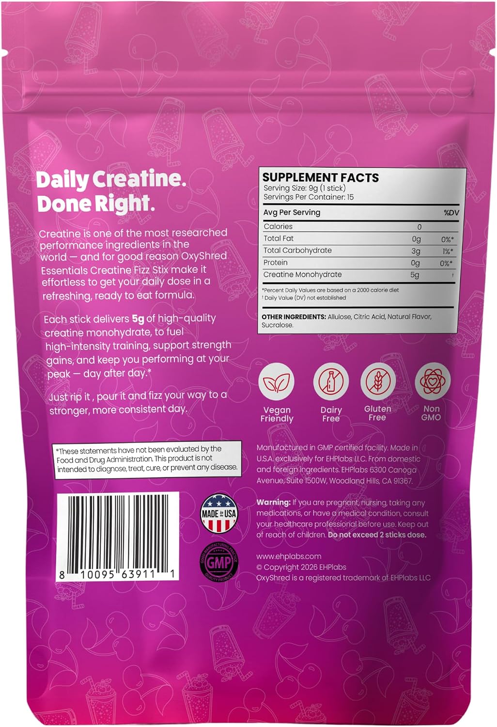 EHP Labs OxyShred Creatine Monohydrate Fizz Sticks, Cherry Slushie, 15 Pack | 5g Micronized Creatine Per Stick. No Water Needed, Zero Sugar, Vegan & Gluten Free. Single Serve On The Go.
