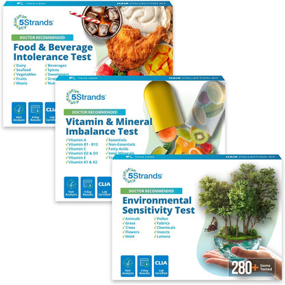 5Strands Food & Beverage Intolerance, Vitamins & Minerals Imbalance & Environmental Sensitivity Test, at Home Hair Analysis for Adults & Kids, Full Body Insight, Results in 4 Days