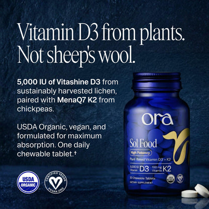 Ora Organic Vitamin D3 5000IU + K2 - Vegan Vitamin D from Lichen and K2 from Chickpeas for Bone Health, Immune Support, & Mood, Maximum Absorption - 1 Month Supply, 30 Chewable Tablets