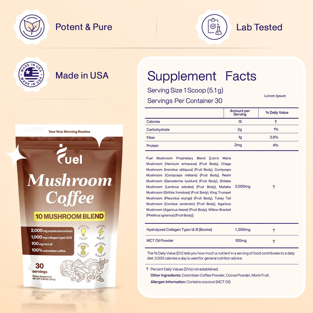 Fuel Brain Boost Mushroom Coffee Nutrition, Organic Blend for Gut Health, Lion's Mane Powder, Chaga & Mushroom Powder Low Caffeine Instant Coffee, Nootropics Drink, 30 Servings