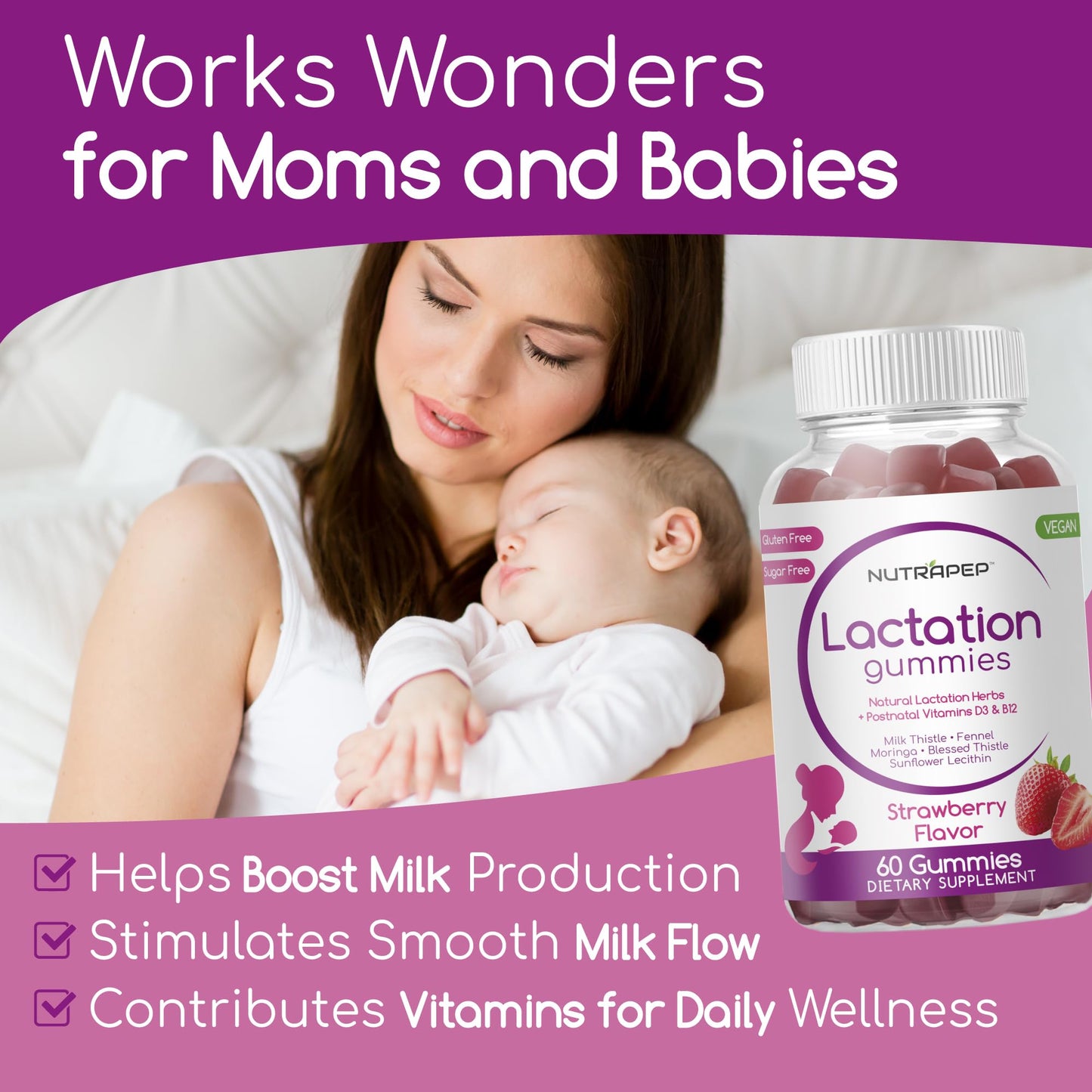 NutraPep Lactation and Postnatal Support Gummies - Milk Production Supply Increase Supplements for Breastfeeding Women - with Vitamins D3 B12 Milk Thistle Fennel