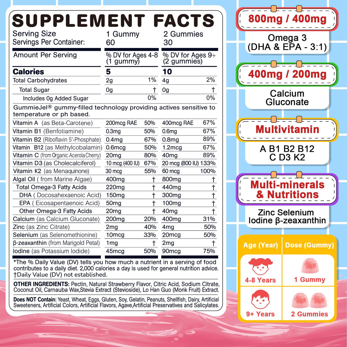 Nextdia Omega 3 (EPA/DHA) Filled Gummies for Kids Teen with Multivitamin, Calcium + D3 + K2 + Zinc, Plus Vitamin A B1 B2 B12 C, Selenium, Iodine for Brain, Eye, Bone, Energy, No Fish Taste, Sugar Free