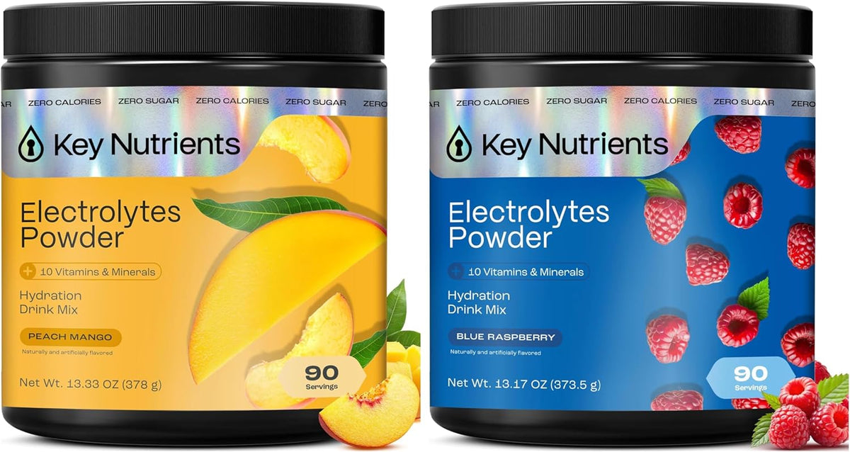 KEY NUTRIENTS Electrolytes Powder Bundle, Tropical Peach Mango 90 Servings Jar + Sweet Blue Raspberry 90 Servings Jar, Sugar Free Hydration Drink Mix with Vitamins & Minerals, No Calories