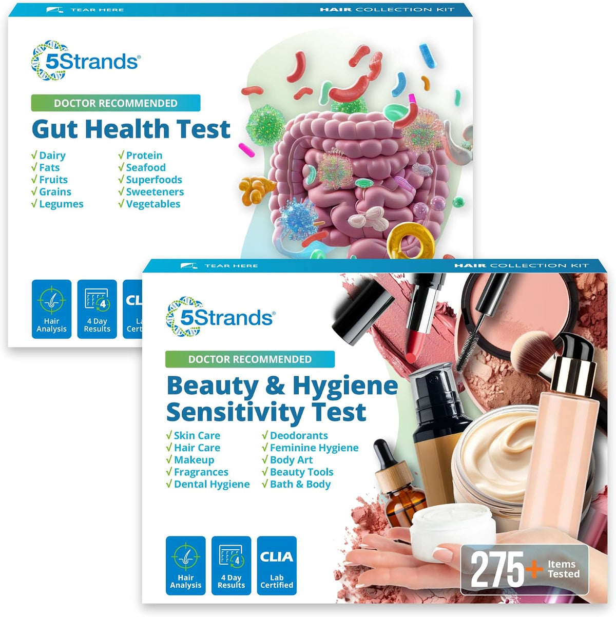 5Strands Gut Health Test + Beauty Hygiene Sensitivity Test Bundle, At-Home Hair Analysis for Adults & Kids, Identify Food Intolerances & Personal Care Ingredient Sensitivities, Results in 4 Days