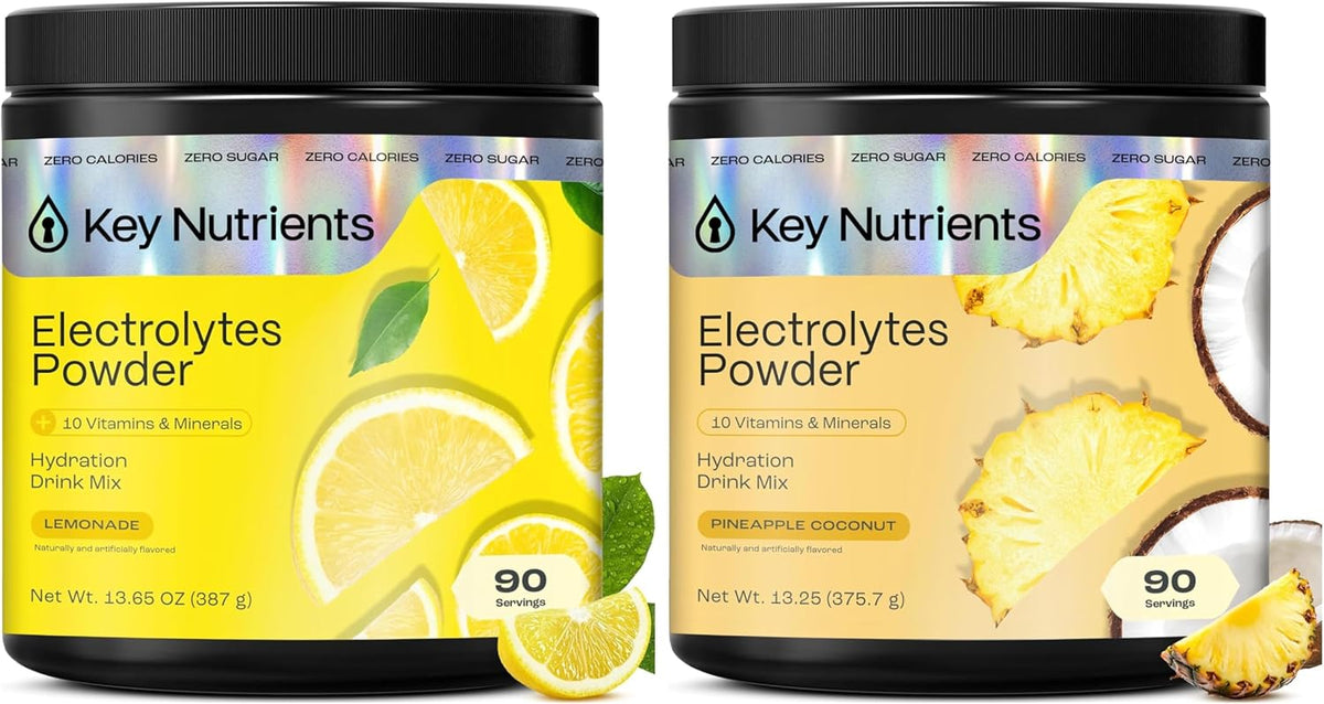 KEY NUTRIENTS Electrolytes Powder Bundle, Refreshing Lemonade 90 Servings Jar + Pineapple Coconut 90 Servings Jar, Sugar Free Hydration Drink Mix with Vitamins & Minerals, No Calories