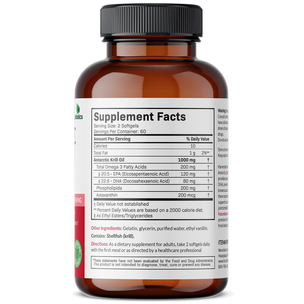 Futurebiotics Antarctic Krill Oil 1000mg with Omega-3s EPA, DHA, Astaxanthin and Phospholipids - Premium Krill Oil Heavy Metal Tested, Non GMO – 90 Softgels (45 Servings)