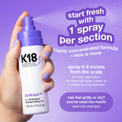 K18 AirWash™ Dry Shampoo, Non-Aerosol, Balances Scalp & Controls Excess Oil Production, 1.6 Fl Oz