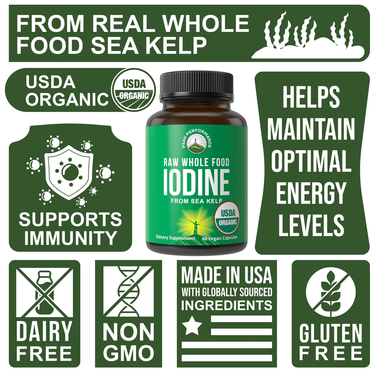USDA Organic Raw Whole Food Iodine Supplement from Kelp (Ascophyllum Nodosum) - Potassium Iodide Tablets Alternative - for Thyroid, Energy, and Immune Support - 60 Vegan Capsules by Peak Performance