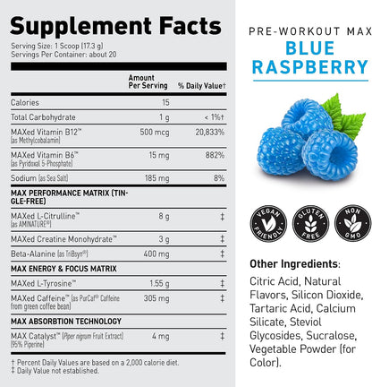 Kaged Pre Workout MAX Powder | Blue Raspberry | Tingle Free, High Stim Pre-Workout | 305 mg Caffeine, Creatine, L-Citrulline | MAXCatalyst for Absorption | Supplements for Men & Women | 20 Servings
