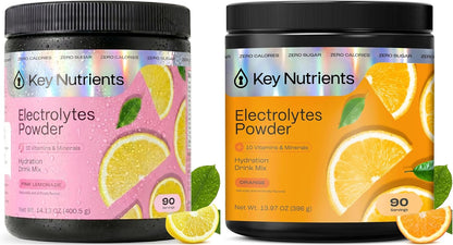 KEY NUTRIENTS Electrolytes Powder Bundle, Fresh Pink Lemonade 90 Servings Jar + Tangy Orange 90 Servings Jar, Sugar Free Hydration Drink Mix with Vitamins & Minerals, No Calories
