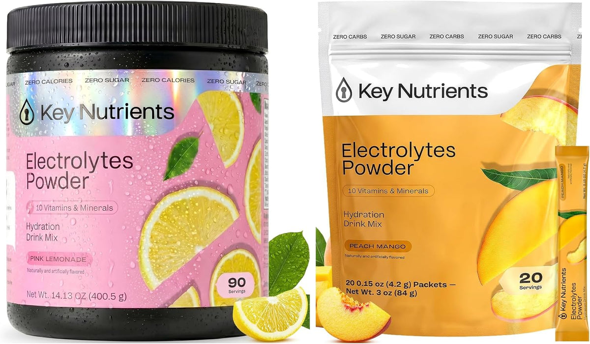 KEY NUTRIENTS Electrolytes Powder Bundle, Sweet Pink Lemonade 90 Servings Jar + Tropical Peach Mango 20 Count Packets, Sugar Free Hydration Travel Drink Mix with Vitamins & Minerals, No Calories