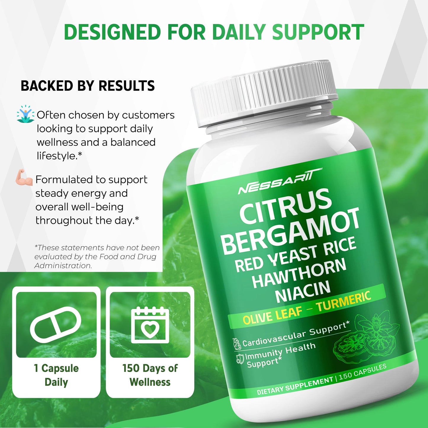 Citrus Bergamot Supplement - 15-in-1 Natural Blend with Red Yeast Rice Hawthorn Olive Leaf Odorless Garlic Turmeric Ginger Fenugreek - 150 Count