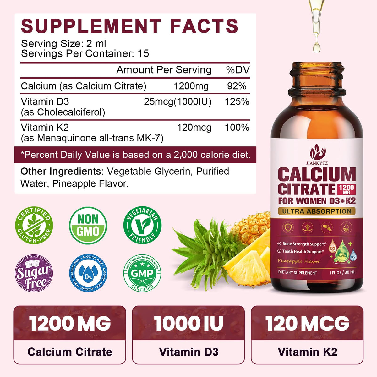 Suplement ​(2 Pack) Calcium Citrate with Vitamin D3 Liquid Drops for Women - Bones, Teeth, Immune Support, 1200mg Calcium Citrate Liquid Drops - VelvetGlow USA