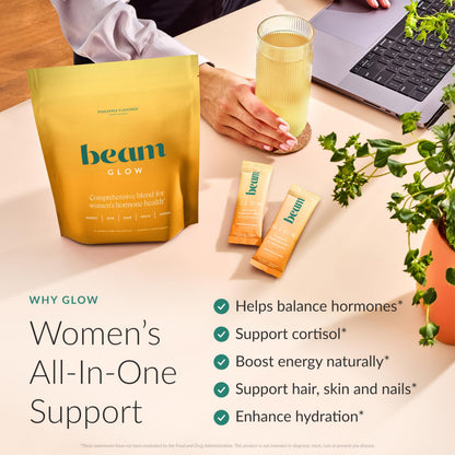 BEAM Glow Hormone Support & Cortisol Supplement for Women - Daily Vitamins for Women with Ashwagandha, Selenium, Zinc, Vitamin A, Biotin for Cycle Health, Mood & Energy, Strawberry Kiwi, 15 Servings