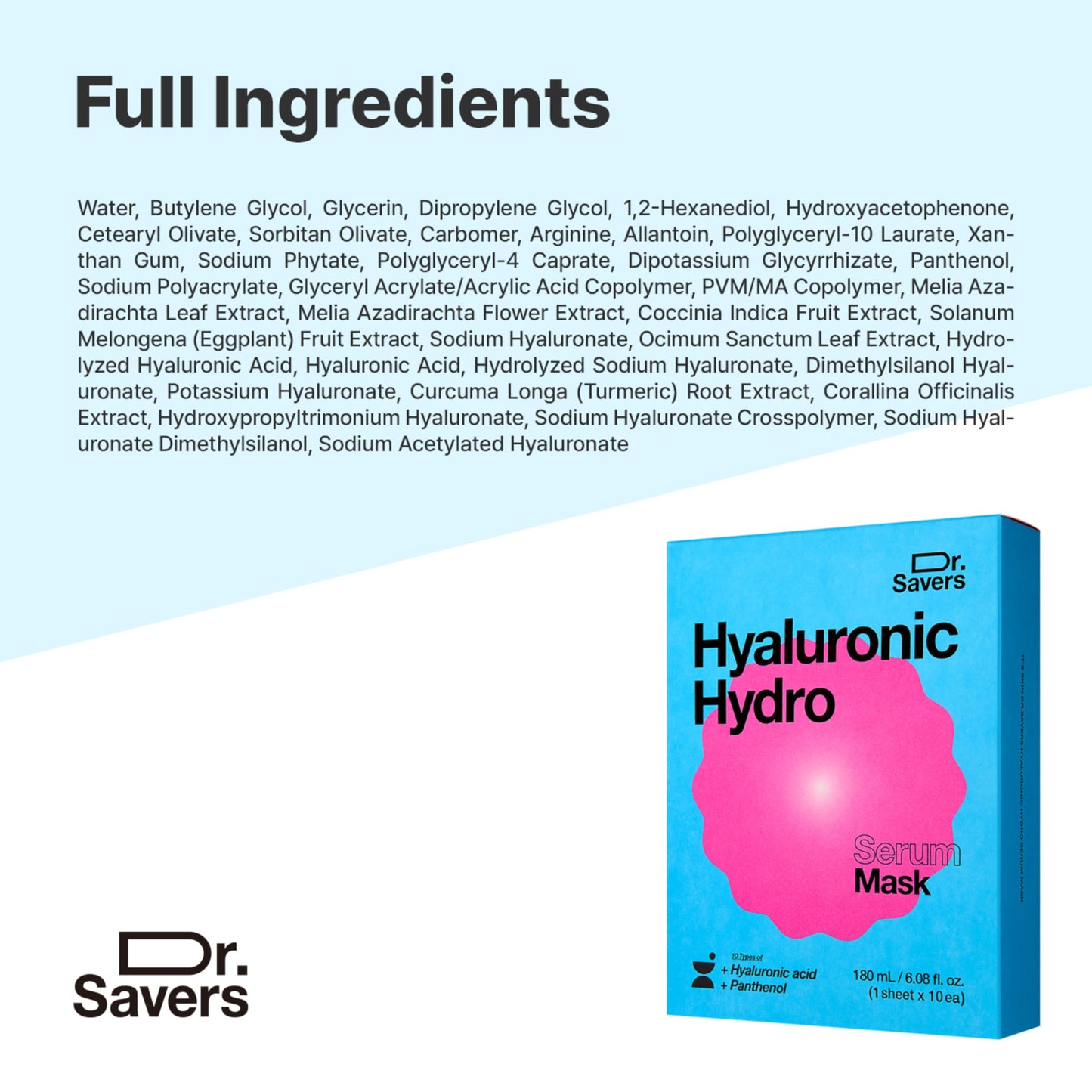 Dr. Savers Hyaluronic Acid Face Serum Mask, 0.60 Fl Oz, Deep Hydrating & Repair Skin Barrier with Panthenol, Lightweight, Non-Sticky, Moisturizing Dewy Skin,