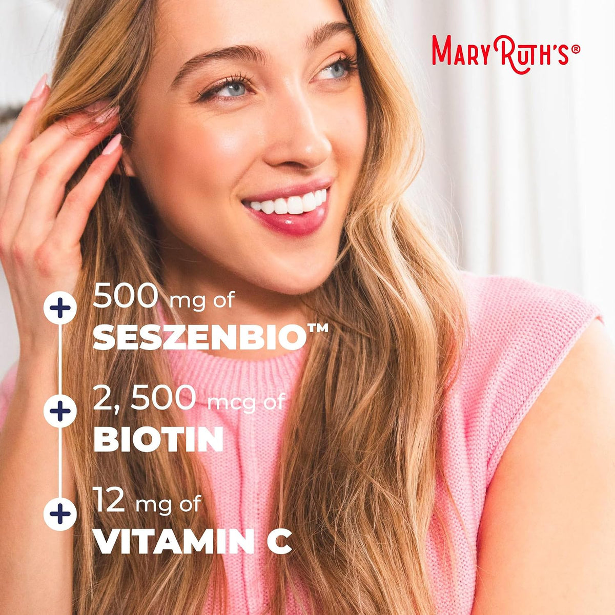 MARYRUTH'S Daily Liquid Hair Formula | With 500 mg SesZenBio™ + 2,500 mcg Biotin | Vitamin C | Thicker, Stronger Hair for Women | Hair, Skin, & Nail Health | Collagen Production | 16 Fl Oz