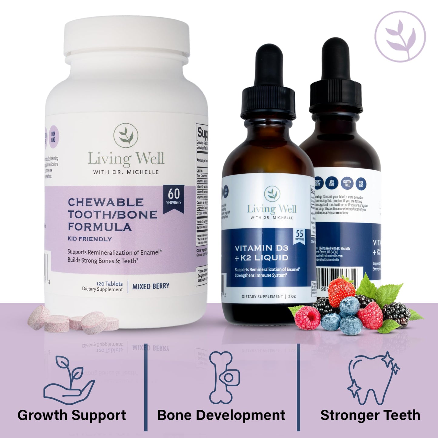 Kids Tooth & Bone Support Bundle | Chewable Calcium + D3 K2 & Liquid Vitamin D Supplement | Dentist-Developed | Strong Teeth, Enamel & Bone Health for Kids | Fluoride-Free, Non-GMO, Gluten-Free Living Well with Dr. Michelle buy supplements Au