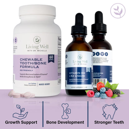 Kids Tooth & Bone Support Bundle | Chewable Calcium + D3 K2 & Liquid Vitamin D Supplement | Dentist-Developed | Strong Teeth, Enamel & Bone Health for Kids | Fluoride-Free, Non-GMO, Gluten-Free Living Well with Dr. Michelle buy supplements Au