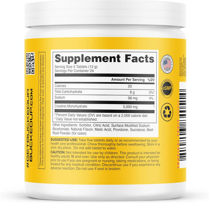 Bucked Up Creatine Candy Tropical Blast | Micronized Creatine Monohydrate | 120 Chewable Tablets, 24 Servings | Fizzy Creatine No Water Needed | Non GMO Gluten Free Third Party Tested